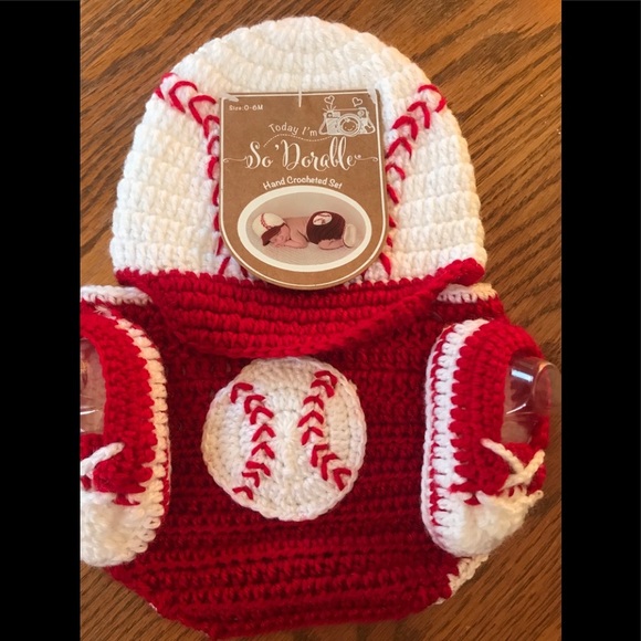 3 Piece Baseball Adorable Hand Crocheted Baby Set - Picture 4 of 7
